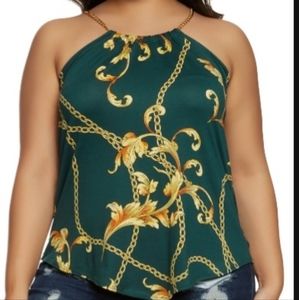 Rainbow Plus Size Printed Chain Strap Top, Green -1X